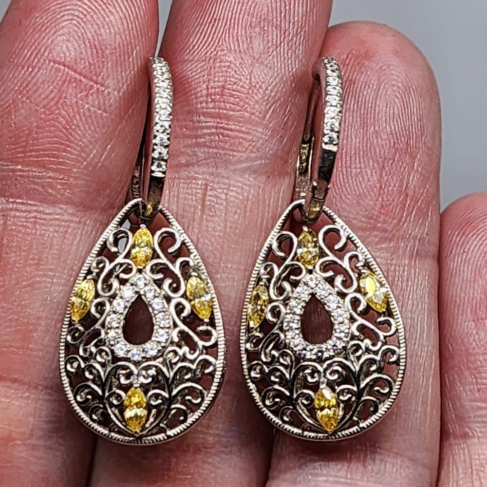 925 Sterling Silver Filigree Citrine Teardrop Dangle Crystal Hinge Hoop Earrings